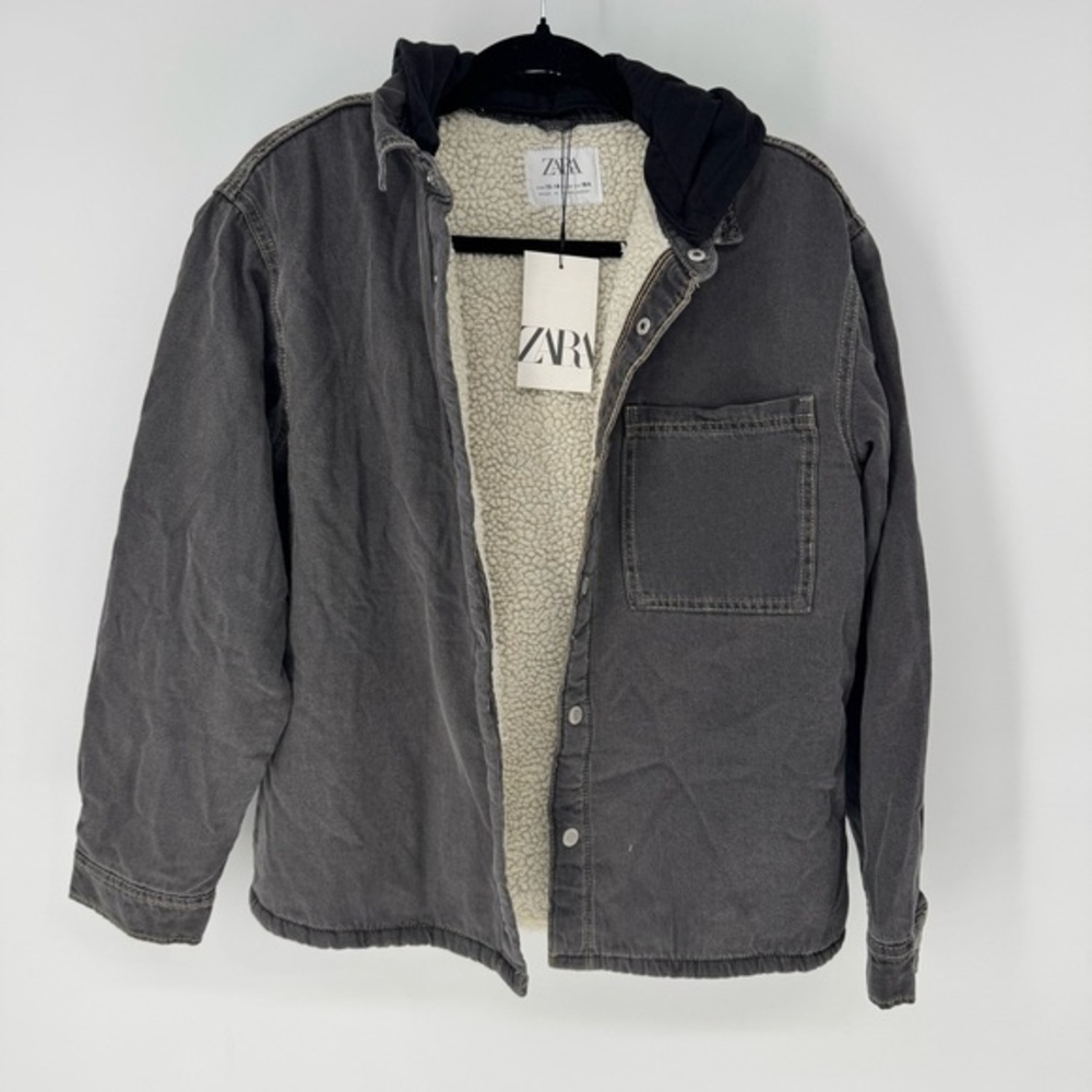 Zara Kids Gray Jean Jacket with hood and Sherpa Lining NWT 13-14